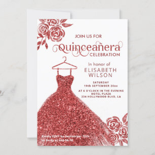 Red roses red glitter dress Quinceañera Invitation