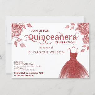 Red roses red glitter dress Quinceañera Invitation