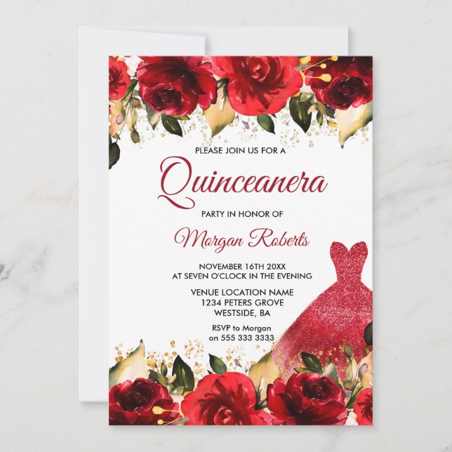 Red Roses Romantic Floral Gown Quinceanera Party Invitation (Front)