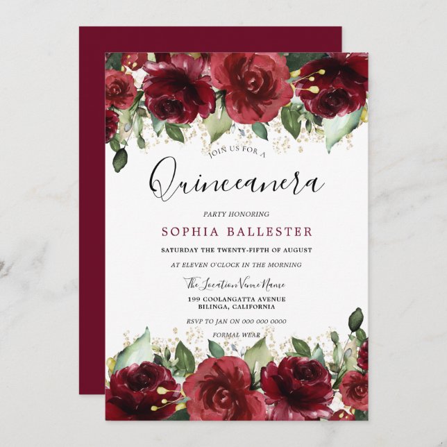 Red Roses Romantic Floral Quinceanera Party Invitation (Front/Back)