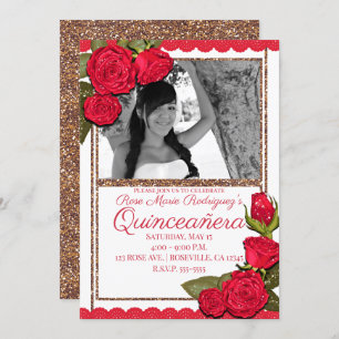 Red Roses Rose Gold Glitter Quinceañera Birthday Invitation