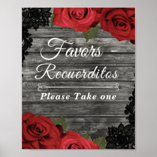 Red Roses Rustic Black Lace Wedding Favour Sign