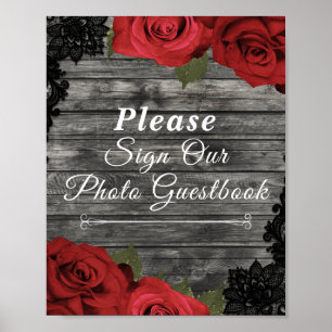 Red Roses Rustic Black Lace Wedding Guestbook Sign