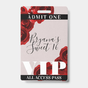 Red Roses Rustic Chic Sweet 16 VIP Pass ID Badge