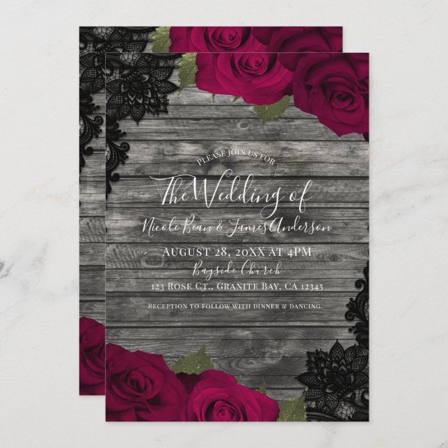 Red Roses Rustic Wood Black Lace Elegant Wedding Invitation (Front/Back)