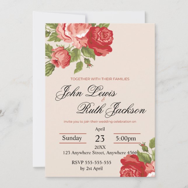 Red Roses Script Wedding Invitation | Elegant Roma (Front)