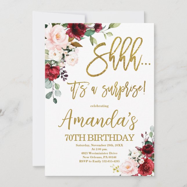 Red Roses, Shhh it's a Surprise Birthday Invitation (Front)