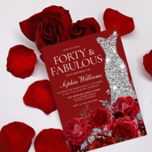 Red Roses Silver Diamond Gown 40th Birthday Party Invitation