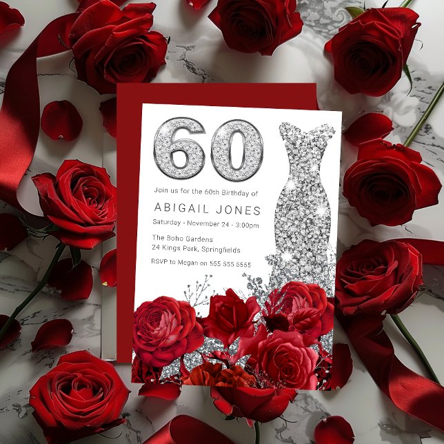 Red Roses Silver Diamond Gown 60th Birthday Invitation (Creator Uploaded)