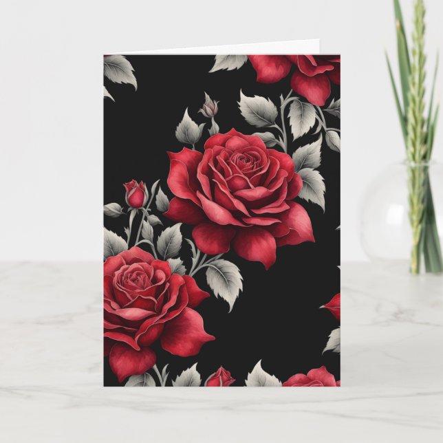 Red Roses Silver Foliage on Black Goth Valentine Holiday Card (Front)