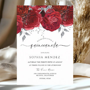 Red Roses Silver Leaf Quinceanera Invitation