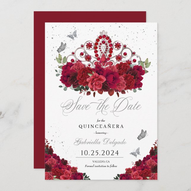 Red Roses & Silver Tiara Save The Date Quinceañera Invitation (Front/Back)