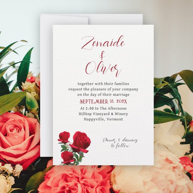 Red Roses Simple White Wedding Invitation (Creator Uploaded)