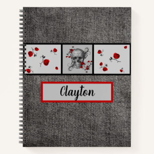 Red Roses Skull and Black Jean Background Notebook