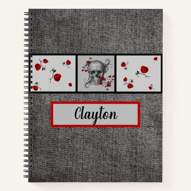 Red Roses Skull and Black Jean Background Notebook (Front)