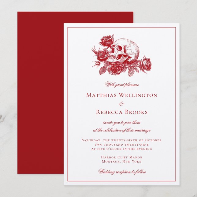 Red Roses Skull Modern Gothic Wedding Invitation (Front/Back)