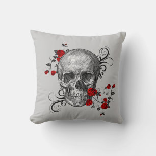 Red Roses Skull Pillow
