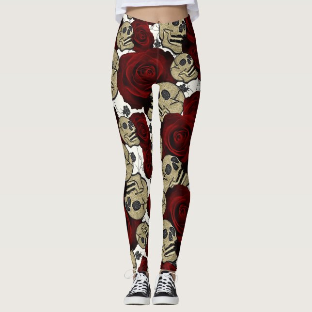Red Roses & Skulls Black Flora Gothic White Leggings (Front)