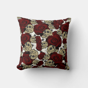Red Roses & Skulls Black Floral Gothic White Cushion