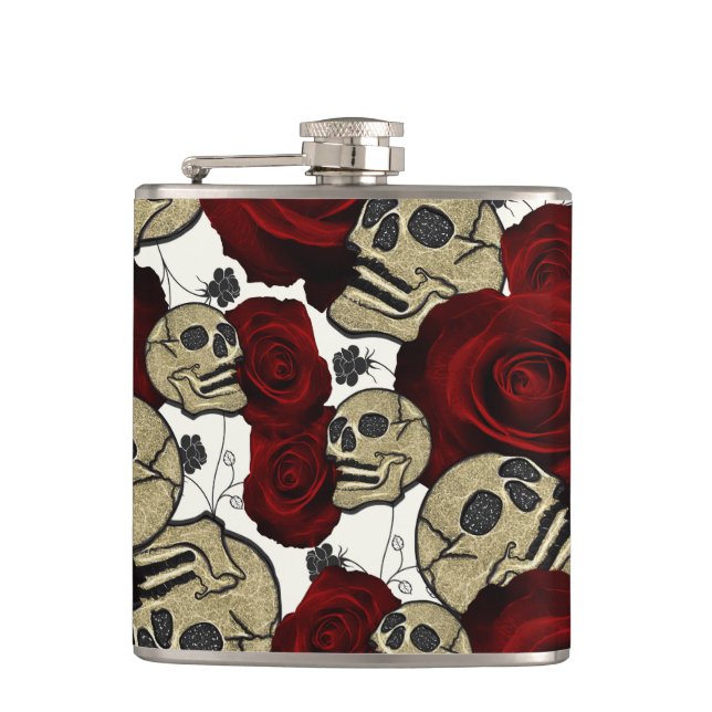 Red Roses & Skulls Black Floral Gothic White Hip Flask (Front)