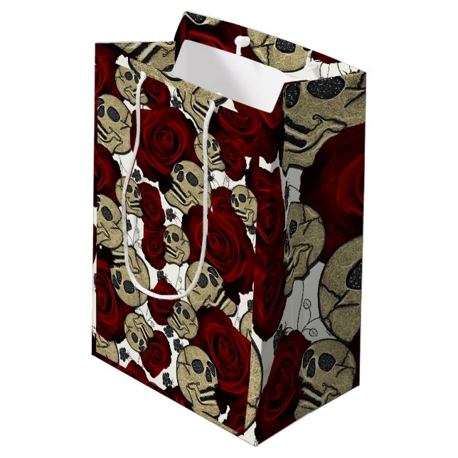Red Roses & Skulls Black Floral Gothic White Medium Gift Bag (Back Angled)