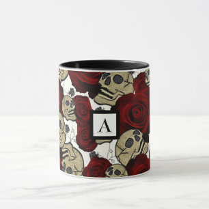 Red Roses & Skulls Black Floral Gothic White Mug
