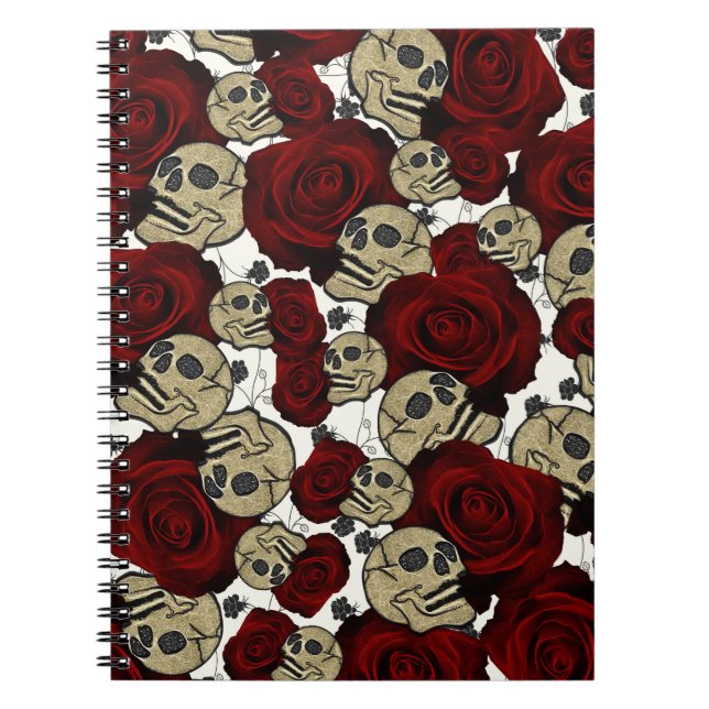 Red Roses & Skulls Black Floral Gothic White Notebook (Front)
