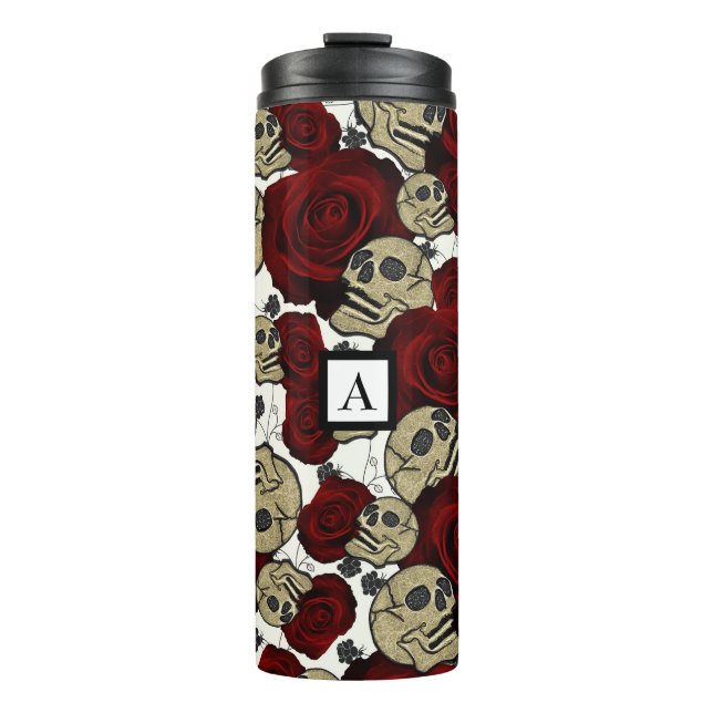 Red Roses & Skulls Black Floral Gothic White Thermal Tumbler (Front)