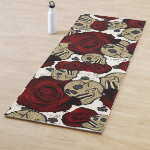 Red Roses & Skulls Black Floral Gothic White Yoga Mat