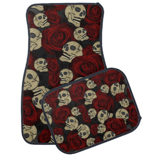 Red Roses & Skulls Grey Black Floral Gothic Car Mat