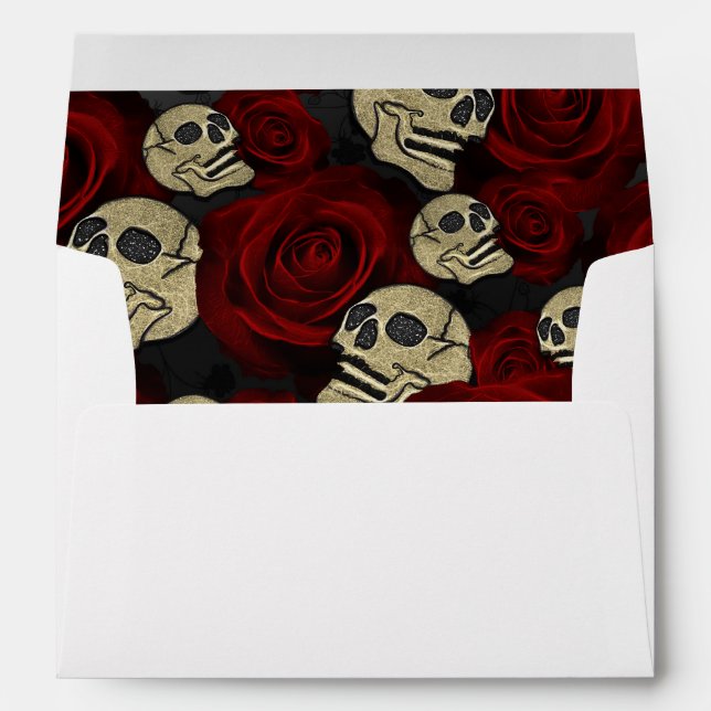Red Roses & Skulls Grey Black Floral Gothic Envelope (Back (Bottom))
