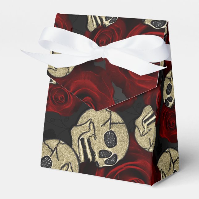 Red Roses & Skulls Grey Black Floral Gothic Favour Box (Front Side)