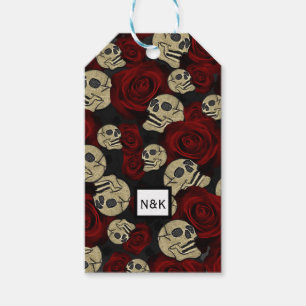 Red Roses & Skulls Grey Black Floral Gothic Gift Tags