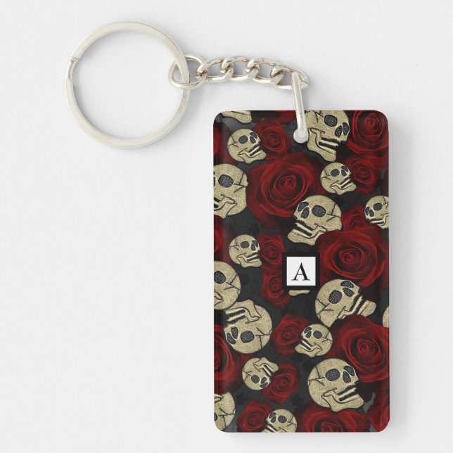 Red Roses & Skulls Grey Black Floral Gothic Key Ring (Front)