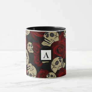 Red Roses & Skulls Grey Black Floral Gothic Mug