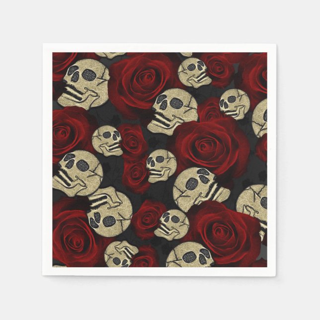 Red Roses & Skulls Grey Black Floral Gothic Napkin (Front)