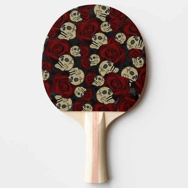 Red Roses & Skulls Grey Black Floral Gothic Ping Pong Paddle (Front)