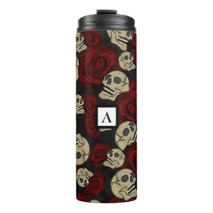 Red Roses & Skulls Grey Black Floral Gothic Thermal Tumbler