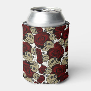 Red Roses & Skulls Grey White Floral Gothic Can Cooler