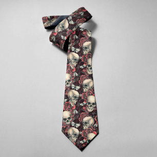Red Roses & Skulls Spooky Halloween Pattern Tie