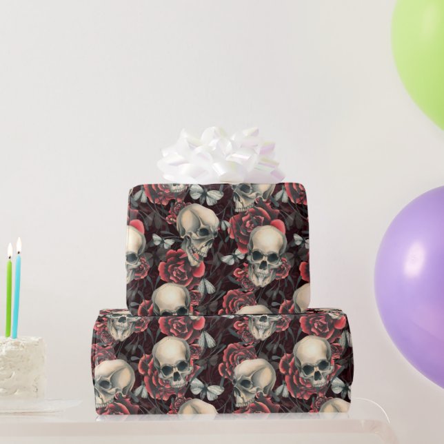 Red Roses & Skulls Spooky Halloween Pattern Wrapping Paper (Party Gifts)