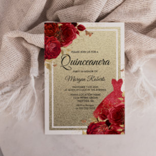 Red Roses Sparkle Dress Glitter Quinceanera Invitation
