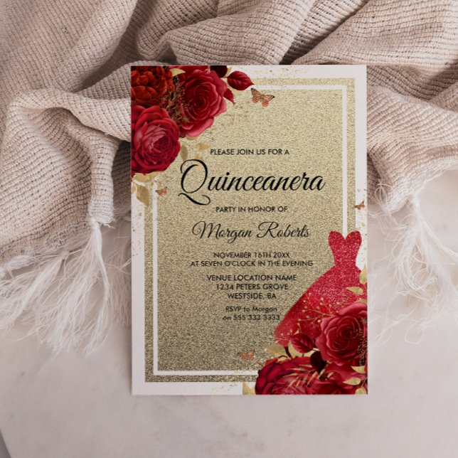 Red Roses Sparkle Dress Glitter Quinceanera Invitation (Creator Uploaded)