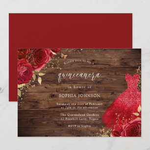 Red Roses Sparkle Dress Rustic Quinceanera Party Invitation