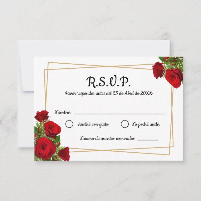 Red Roses Square Frame Spanish Wedding RSVP Card (Front)