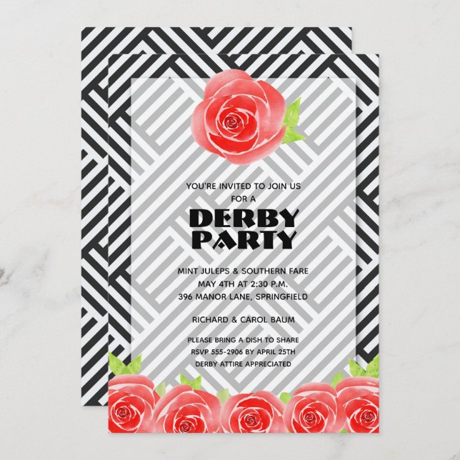 Red Roses Stripes Derby Party Invitation (Front/Back)
