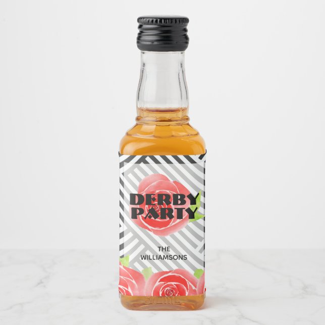 Red Roses Stripes Derby Party Mini Liquor Bottle Label (Front)