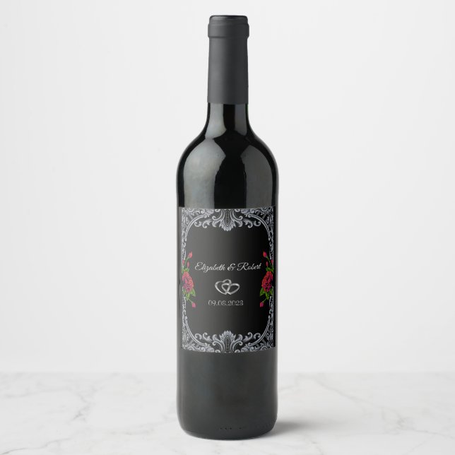 Red Roses,Stripes Gothic Wedding Wine Label (Front)