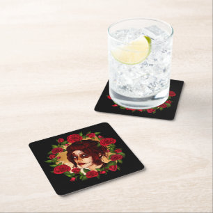 Red Roses Sugar Doll Square Paper Coaster