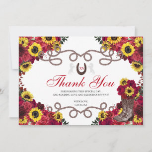 Red Roses Sunflowers Charro Quinceanera Thank You Card